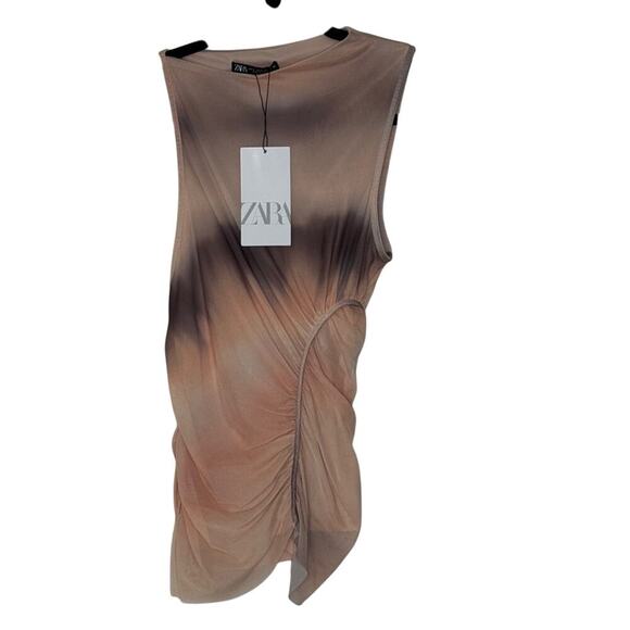 Zara Dresses & Skirts - Zara Womens Asymmetrical Ruched Mesh Tank Tie Dye Tan Gray Size S